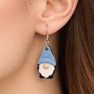 Handmade Winter Gnome Dangle Earrings | Blue Snowflake Hat Christmas